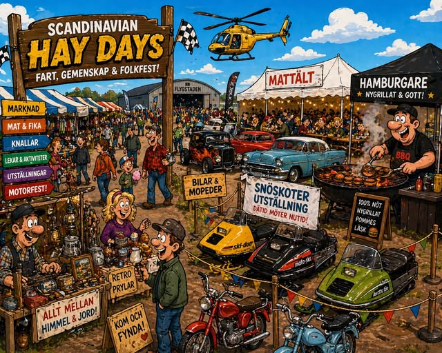 Illustration av Scandinavian Hay Days — marknadsstånd, veteranbilar, snöskotrar, hamburgare och folk i farten